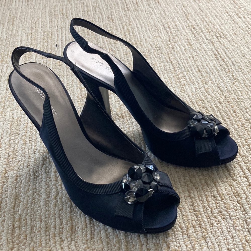 Nine West Black satin sling back heels -size 9